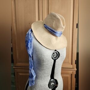 Natural Straw Hat With Blue Chiffon Ties